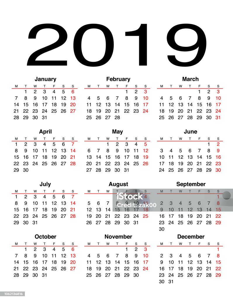 Kalender 2019 Ilustrasi Stok - Unduh Gambar Sekarang - Bulan - Tanggal  Kalender, Kalender - Instrumen Waktu, Nomor 12 - Istock