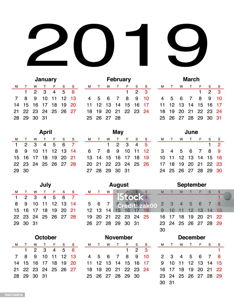 Kalender 2019 Ilustrasi Stok - Unduh Gambar Sekarang - Bulan - Tanggal Kalender, Kalender - Instrumen Waktu, Nomor 12 - Istock