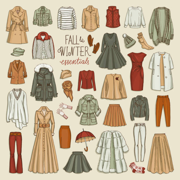 Fall and winter fashion collection of clothes Vector illustration set of women's fall and winter fashion clothes. Coats, dresses, skirts, jackets, trousers, hats, gloves, socks. winter fashion collection stock illustrations