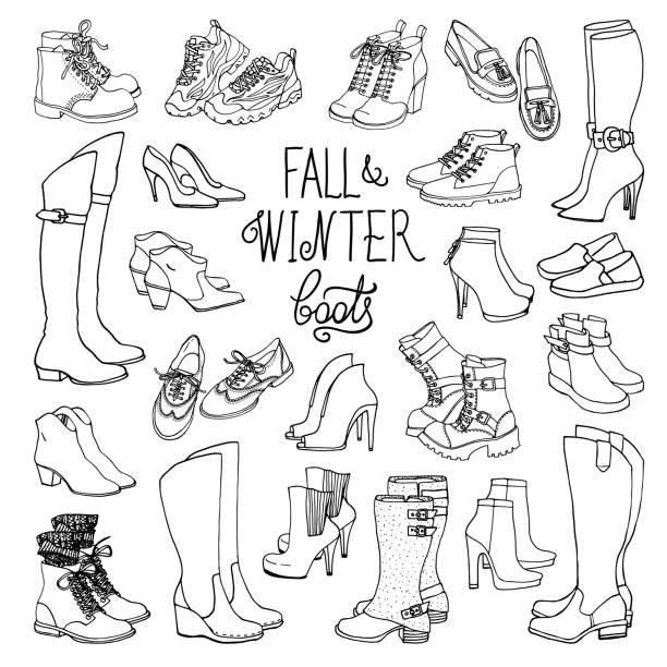 ilustraciones, imágenes clip art, dibujos animados e iconos de stock de conjunto de zapatos de mujer otoño e invierno - fashion group of objects shoe boot