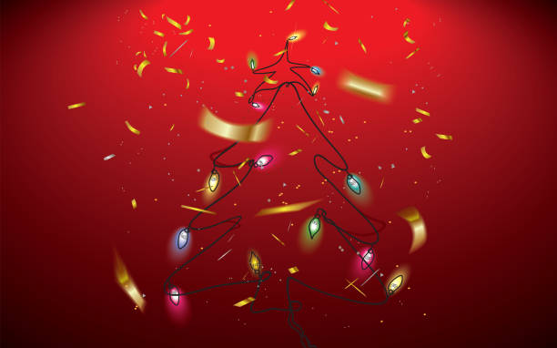 istock Christmas tree glowing lights with golden confetti isolated on a red background 1062139656