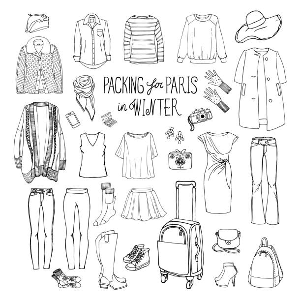 illustrazioni stock, clip art, cartoni animati e icone di tendenza di imballaggio per le vacanze autunnali e invernali di parigi. - skirt women jeans white