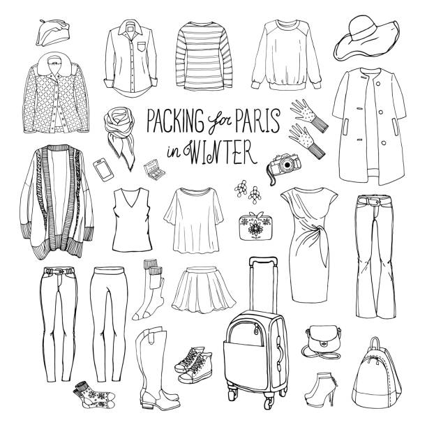 Packing for Paris fall and winter vacation. Packing for Paris fall and winter vacation. Vector illustration set of women's fall and winter fashion collection. Coats, dresses, skirts, jackets, trousers, hats, gloves, socks, underwear, bags, accessories, camera. Black and white white shirt black skirt stock illustrations