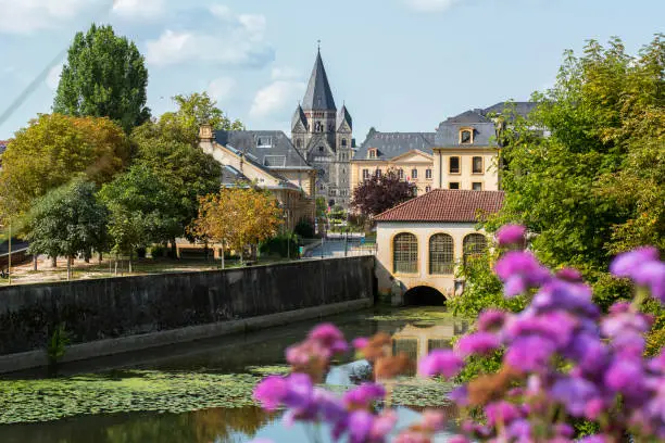 City landscape near the river in Metz in France in the summer day