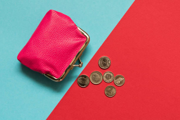 istock Pink wallet with coins on blue red background . Saving concept 1062146032