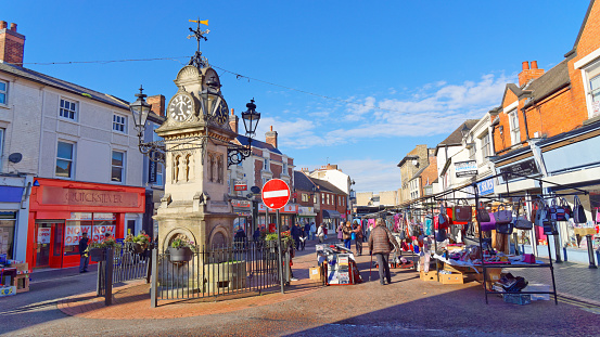 Willenhall, October 31, Clock tower in the city center in a market day. UK 2018