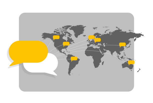 illustrazioni stock, clip art, cartoni animati e icone di tendenza di mappa del mondo con bolle di messaggio che mostrano l'interconnessione tra loro e la comunicazione globale - connect parola inglese