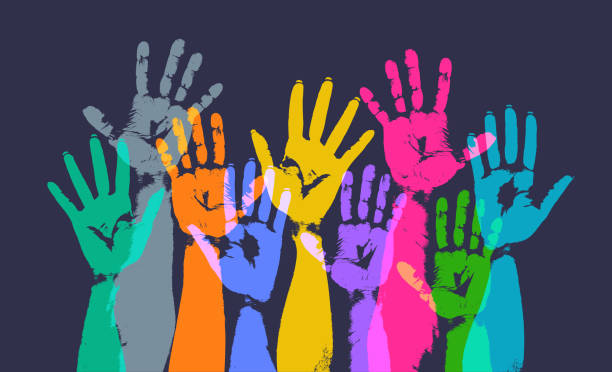 Hands Held High Colourful overlapping silhouettes of hands raised in print style handprint stock illustrations