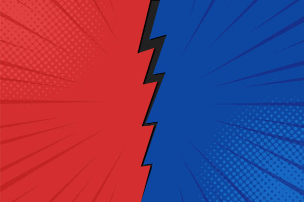 pop art comic hintergrund lightning blast rasterpunkte. cartoon-vektor-illustration auf rot und blau - roter blitz stock-grafiken, -clipart, -cartoons und -symbole
