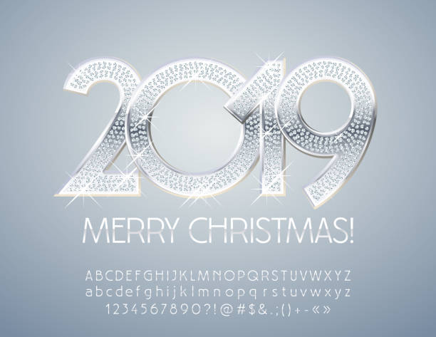 Vector chic Merry Christmas 2019 Greeting Card with Alphabet Silver set of Letters, Numbers and Symbols. Stylish Elegant Font silver background stock illustrations