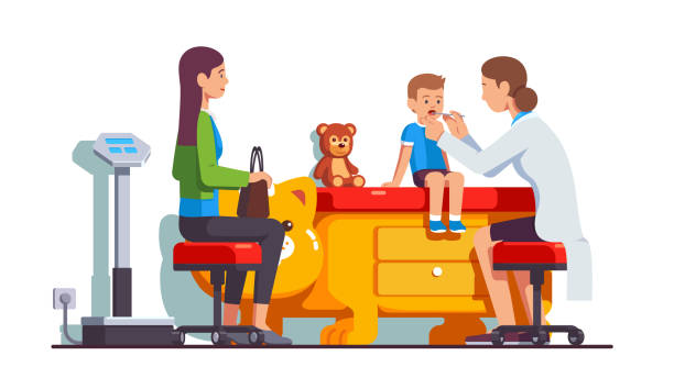 Flat style isolated vector Pediatrician doctor woman examining sick kid sore throat mouth. Mother and son visiting doctor together for checkup. Checking child health at paediatrician office. Flat isolated vector illustration doctors office stock illustrations