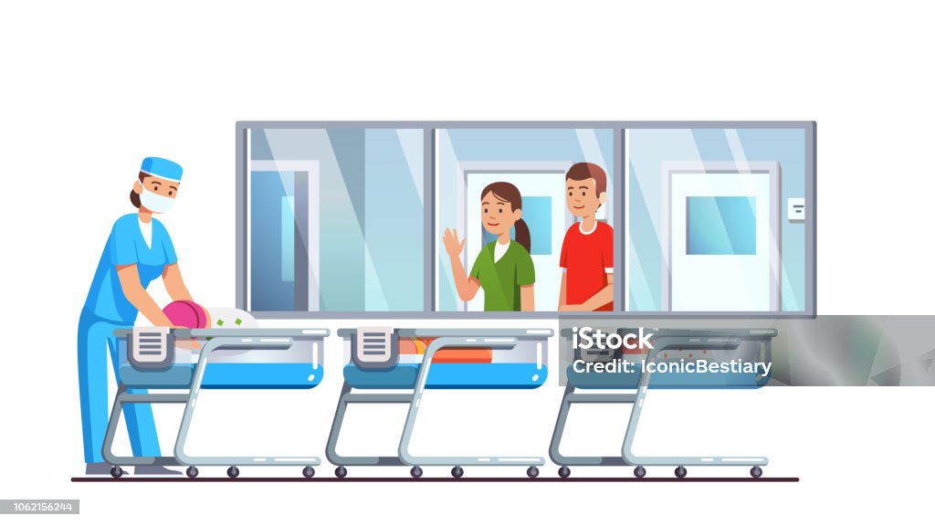 Parents en regardant leur enfant par la fenêtre d’observation au service hospitalier de soins aux nouveau-nés avec berceaux avec bébé dedans. Docteur couché bébé après examen. Intérieur post livraison pépinière. Plat style vecteur isolé - clipart vectoriel de Bébé libre de droits