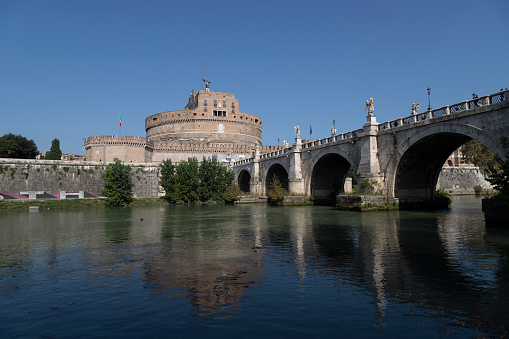 Rome, Italy - October 20, 2018: Castel Sant'Angelo, also called Hadrian's Mausoleum, is a monument of Rome, located on the right bank of the Tiber just a short distance from the Vatican.