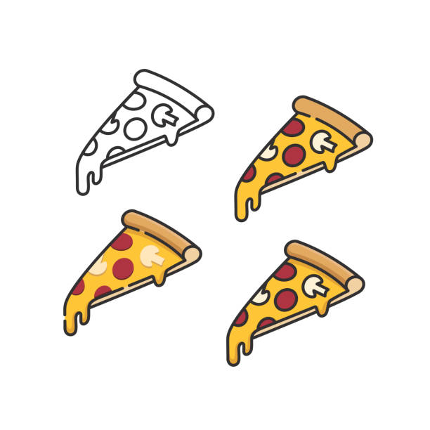 ilustraciones, imágenes clip art, dibujos animados e iconos de stock de establecer porciones de pizza con queso de fusión - pizza
