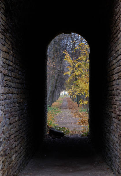 istock View of the autumn park through a stone arch 1062159216