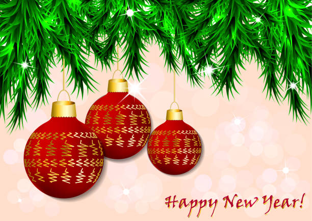 istock New Year, Christmas background with festive balls and fir branches. Design and decoration. Vector illustration. 1062160736