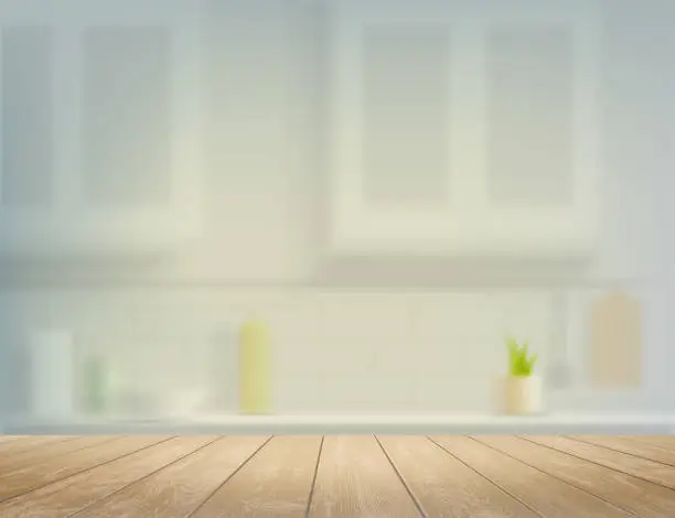 Vector illustration of Wooden table on a defocused kitchen bench interior background.