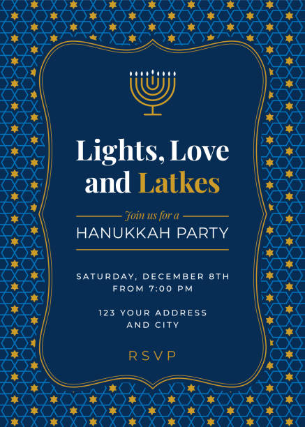 ilustraciones, imágenes clip art, dibujos animados e iconos de stock de invitación de la fiesta de hanukkah - ilustración - hanukkah menorah judaism religion