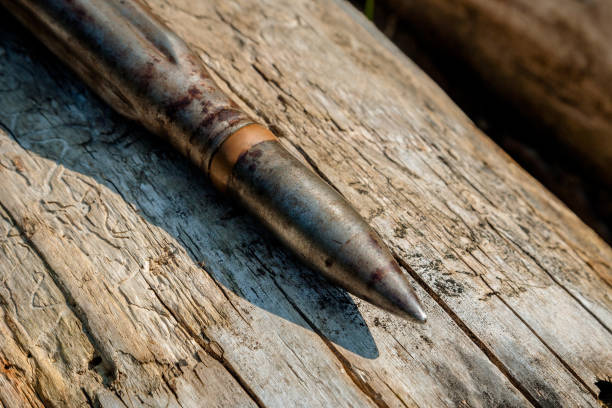 istock Combat large-caliber cartridge with a bullet on a wooden background. 1062165832