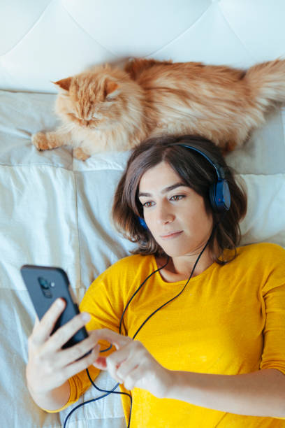 istock woman using technology at home with cat on her head 1062168088