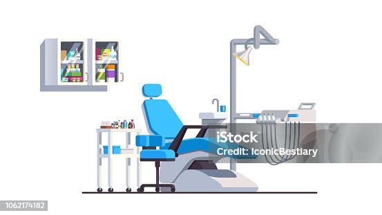 istock Dental office interior with reclining chair drill hand pieces and lamp. Modern dentistry equipment. Stomatology clinic. Flat style isolated vector 1062174182