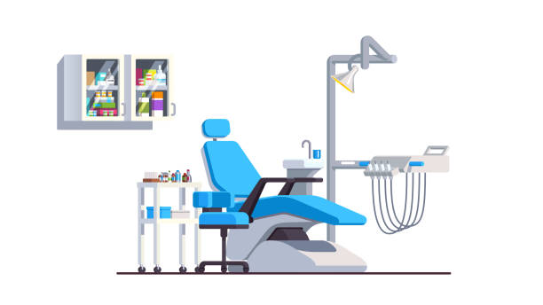 Dental office interior with reclining chair drill hand pieces and lamp. Modern dentistry equipment. Stomatology clinic. Flat style isolated vector Dental unit with adjustable chair, hand pieces, sink, lamp and shelves. Modern dentistry equipment. Dentist office. Dentistry or stomatology clinic interior. Flat vector illustration isolated on white dentists office stock illustrations