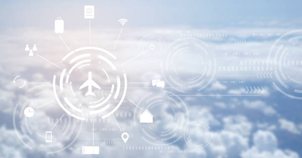 abstract blur sky background view from airplane window with symbol virtual interface of air traffic control (ai) and journey icon , advance development technology of air transport concept - color image people air vehicle airplane imagens e fotografias de stock