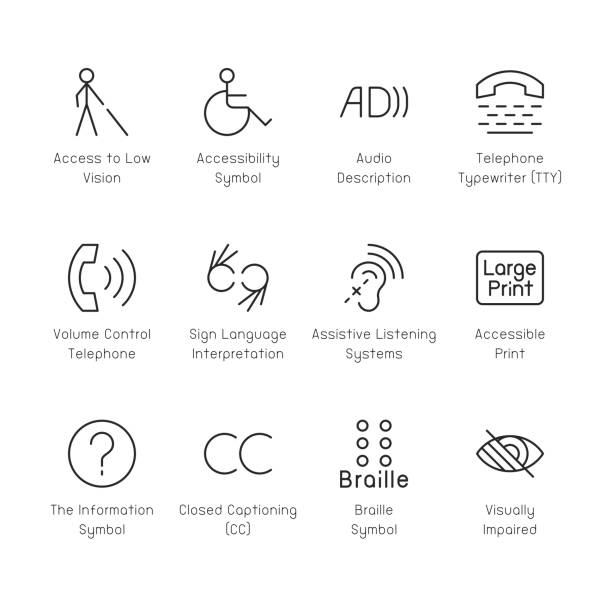 ilustraciones, imágenes clip art, dibujos animados e iconos de stock de iconos de accesibilidad discapacitados - delgada línea serie - sistema de medición de volumen