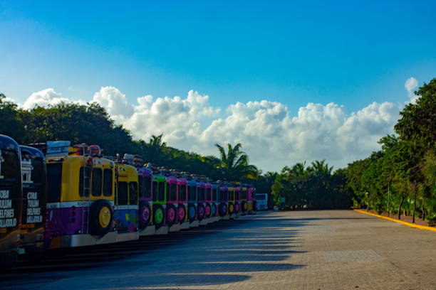Row of tourist buses in a line, waiting to pick up passengers and take them to a guided excursion.