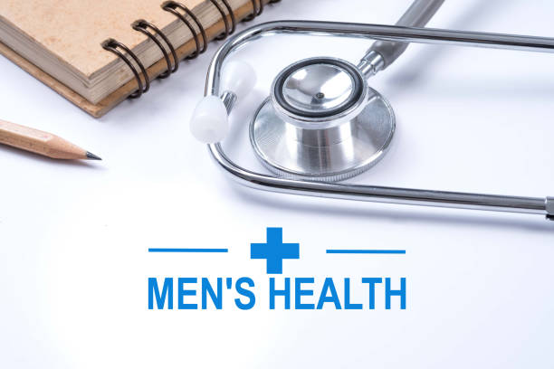 stethoscope, notebook and pencil with men's health words. health concept. - medical equipment stethoscope blue healthcare and medicine imagens e fotografias de stock