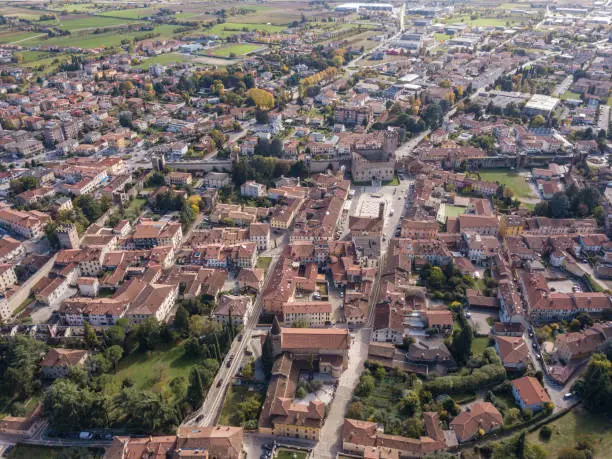 Photo of Marostica, Vicenza, Italy. Drone aerial landscape of the lower town