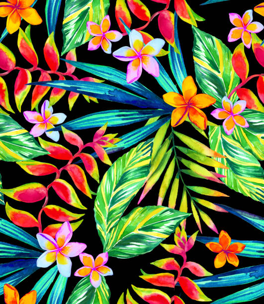 Bright and happy floral pattern. Small flowers, balanced composition. Summer foliage and ditsy flowers. Happy colorful floral illustration, tiling pattern. Repeating floral design. parrots beak heliconia stock illustrations