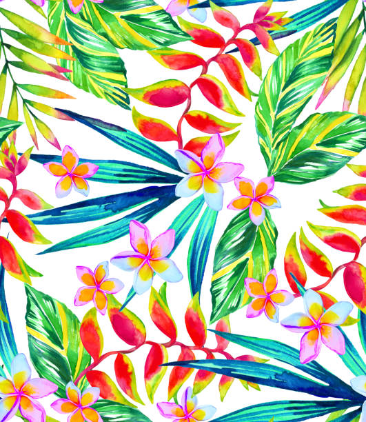 Bright and happy floral pattern. Small flowers, balanced composition. Summer foliage and ditsy flowers. Happy colorful floral illustration, tiling pattern. Repeating floral design. parrots beak heliconia stock illustrations