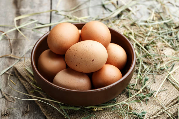 istock raw chicken eggs in a plate on the table. 1062204460