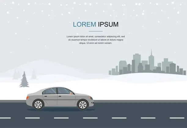 Vector illustration of Gray Car Drive in the road. Wintertime.
