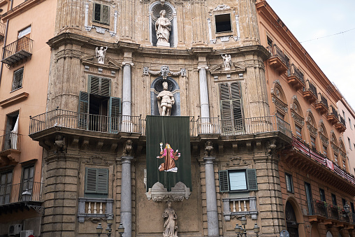 External view of Carlo Felice theater in De Ferrari square and statue of Giuseppe Garibaldi, Genova