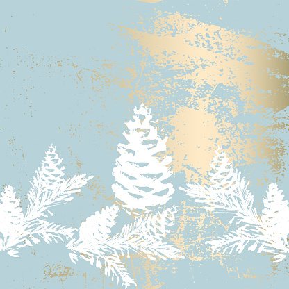 Christmas tree branch painting vector fashion banner. Trendy Pastel blue white gold botanical winter pattern