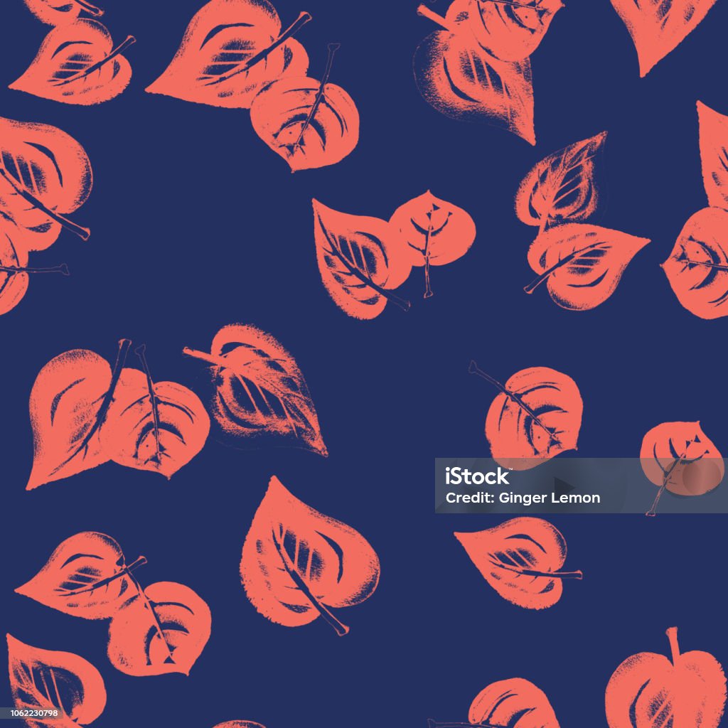 Red autumn leaves seamless pattern on blue navy background Terracotta red autumn leaves seamless surface pattern on blue navy background. Modern and minimalist, hand drawn Autumn stock illustration