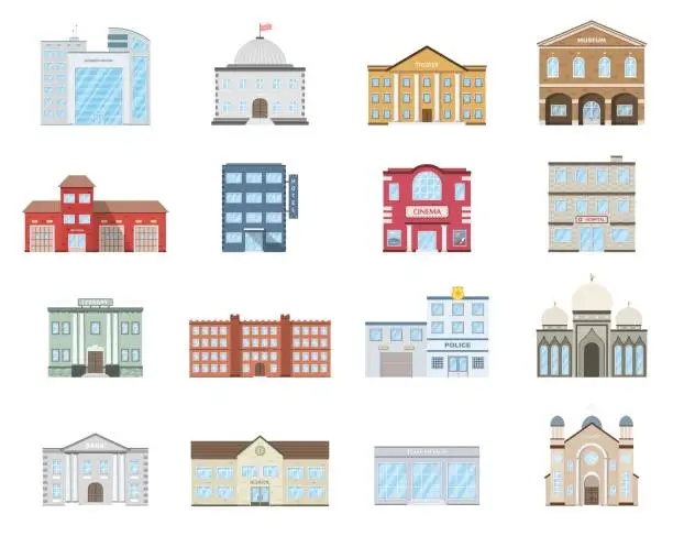 Vector illustration of Buildings set. Residential cottages, store, mall, shop, museum, hospital, library, bank, cinema, religion, police, fire, school, university building isolated on white background.