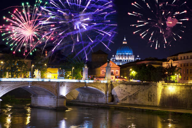 istock Celebratory fireworks over Sant' Angelo Bridge. River Tiber. Rome. Italy. 1062233532