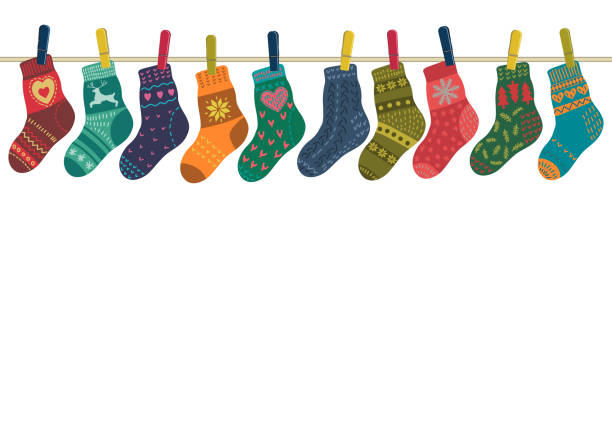 illustrazioni stock, clip art, cartoni animati e icone di tendenza di calzini caldi appesi alla corda - sock wool multi colored isolated