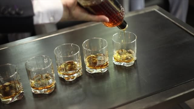 A man pours whiskey into a glass