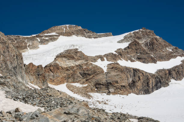 View to Vincent Pyramid mount and Bors glacier in Monte Rosa massif near Punta Indren. Alagna Valsesia area, Italy View to Vincent Pyramid mount and Bors glacier in Monte Rosa massif near Punta Indren. Alagna Valsesia area, Italy alagna stock pictures, royalty-free photos & images