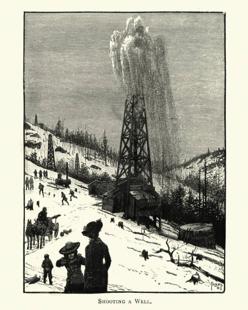 Vinatge engraving of a Oil well, Pennsylvania, 19th Century. The oil rush began in Titusville, Pennsylvania, in the Oil Creek Valley when Colonel Edwin L. Drake struck rock oil there. By the mid-1870s, the oil industry was well established, and the rush to drill wells and control production was over.