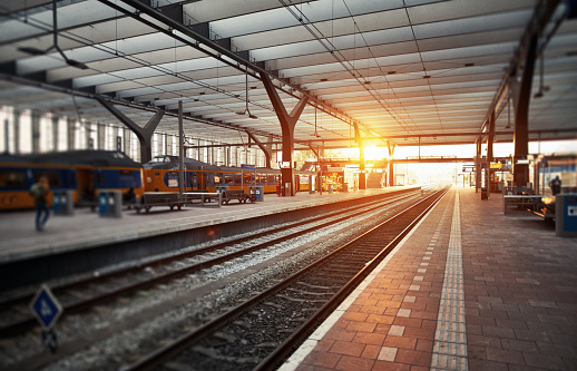Empty platform at Railway station at sunset. Rotterdam, Netherlands