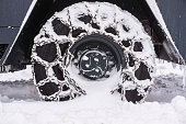 Snowy chained wheel