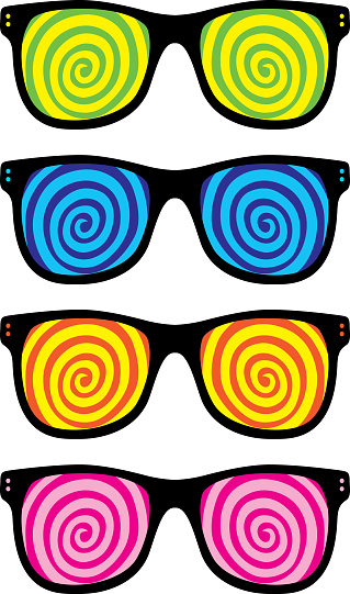 Vector illustration of four pairs of funky swirl eyeglasses.