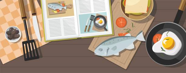 ilustrações de stock, clip art, desenhos animados e ícones de cooking consept. fried egg, vegetables with spinach, frying pan and fish. top view - cutting board cooking wood backgrounds