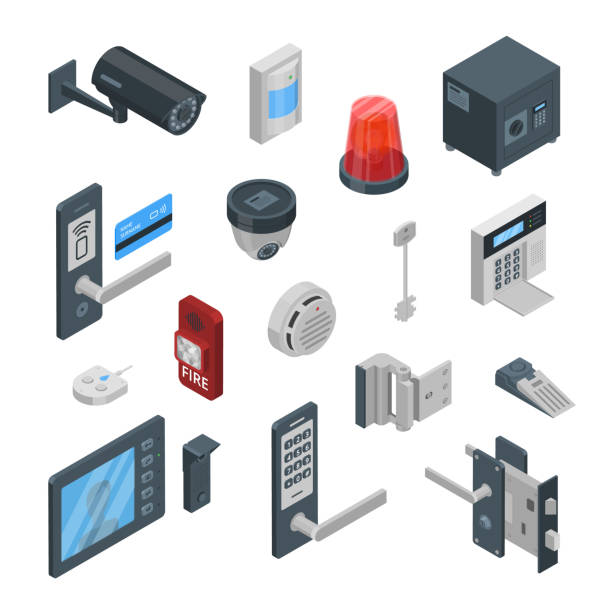 Home security systems vector 3d isometric icons and design elements. Smart technologies, safety house, control concept. Home security systems vector 3d isometric icons and design elements set. Smart technologies, safety house, control and protection concept. building entrance illustrations stock illustrations
