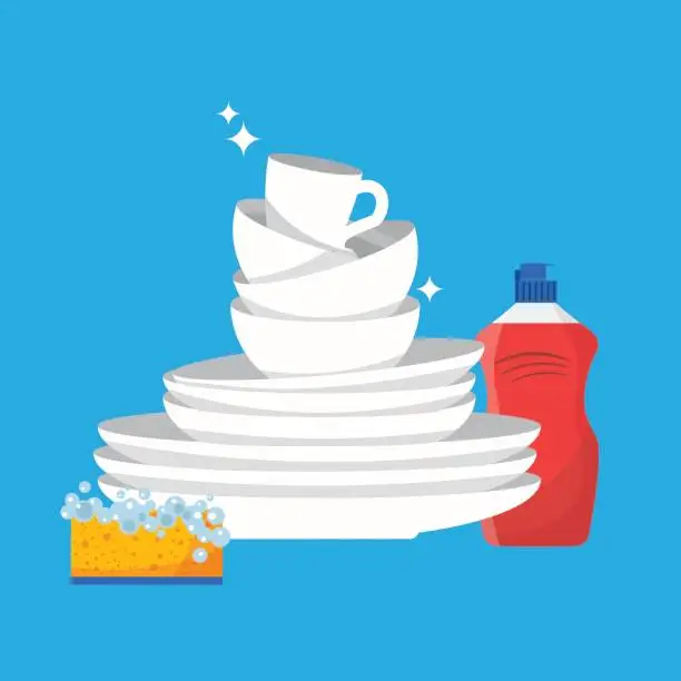 Vector illustration of Stack of clean shiny dishes and dishwashing liquid on blue background.